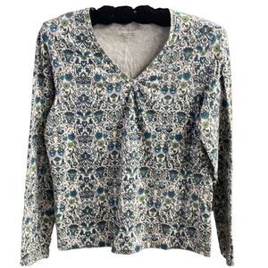 Charter Club Ladies Pullover Long Sleeve Vneck Top SzMedium Green White Floral